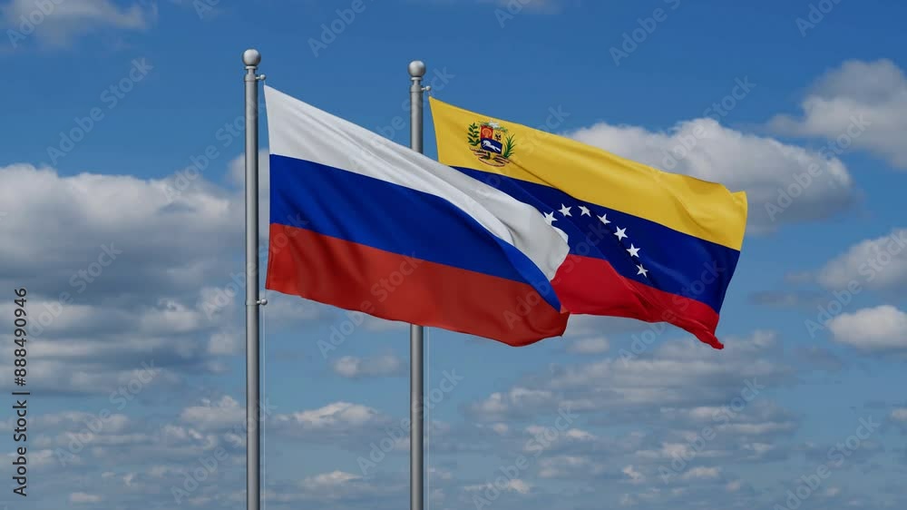 Venezuela and Russia flags flying together, video concept of the relationship Venezuela and Russia flags flying together, video concept of the relationship