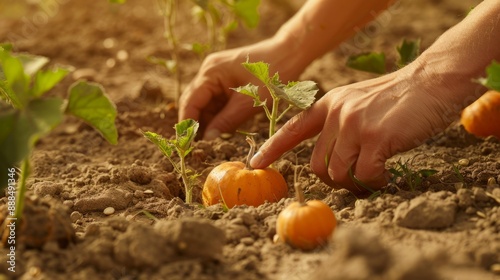 Pumpkin seeds in a garden in a desert environment, showing growing techniques in arid climates. generative ai
