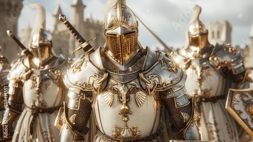 Illustrate a scene of honor and loyalty through a photo-realistic depiction of knights in medieval armor