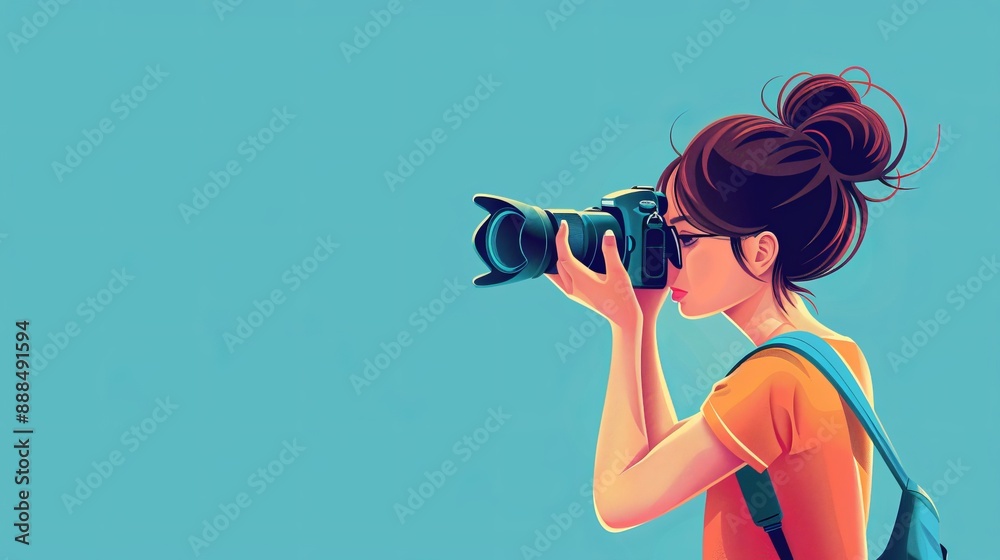 An artistic illustration of a woman wearing an orange shirt and blue backpack captures a photo, evoking a sense of travel, adventure, and youthful exploration. An artistic illustration of a woman wearing an orange shirt and blue backpack captures a photo, evoking a sense of travel, adventure, and youthful exploration.