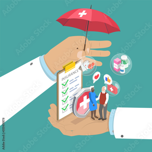 3D Isometric Flat Vector Illustration of Insurance Plan For Senior , Medicine and Healthcare for Eldery
