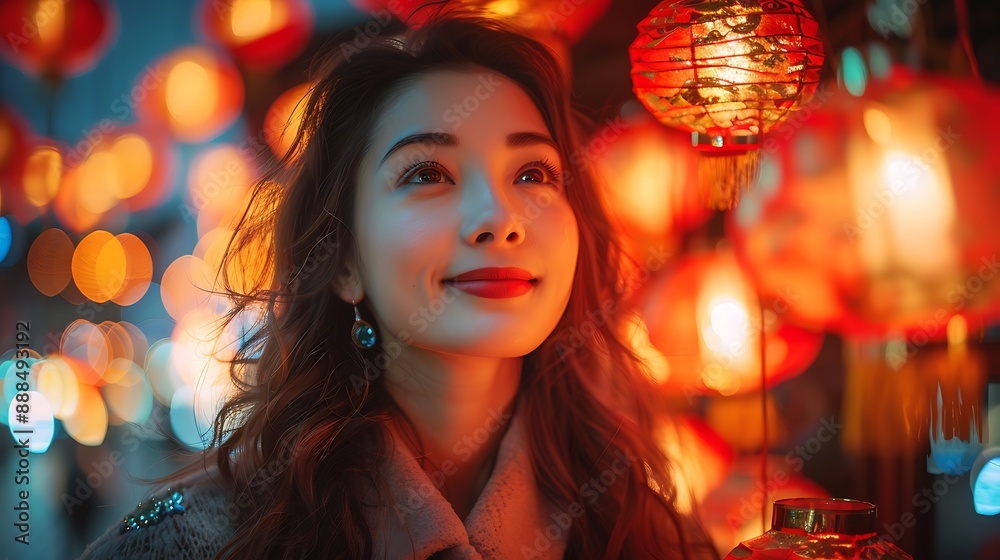 woman decorating her home with red lanterns for Chinese New Year woman decorating her home with red lanterns for Chinese New Year