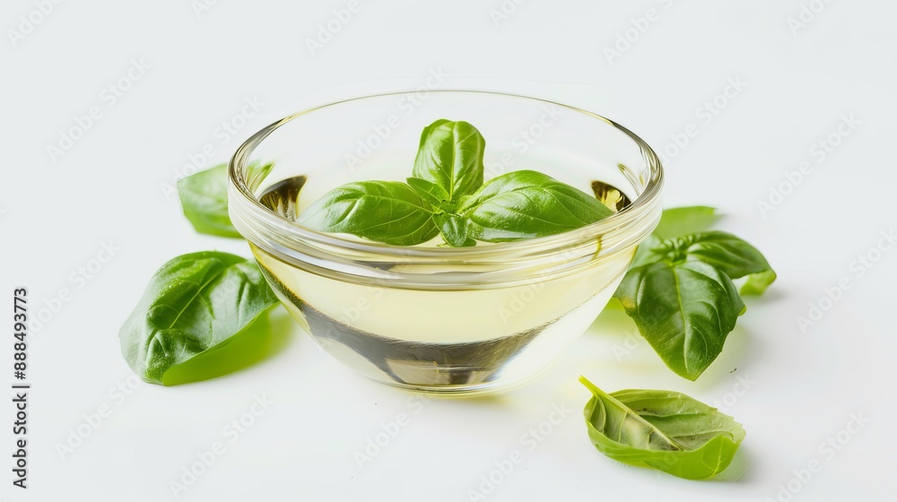 White vinegar in a glass bowl accompanied by basil leaves isolated on white White vinegar in a glass bowl accompanied by basil leaves isolated on white