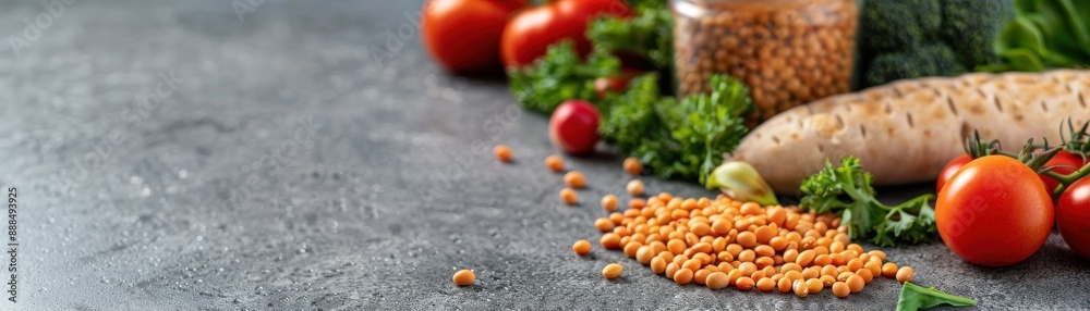 Assorted fresh vegetables and grains on a dark stone background. Healthy ingredients for cooking and nutritious meals. Assorted fresh vegetables and grains on a dark stone background. Healthy ingredients for cooking and nutritious meals.