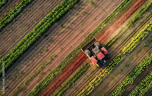 Aerial View of Tractor Working on Farmland