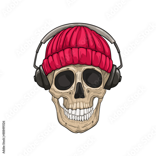 Skull in a Knitted Cap and headphones. Vector illustration