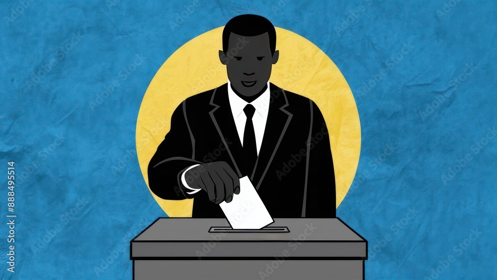 A black man in a suit casts his vote, drops a piece of paper into the ...