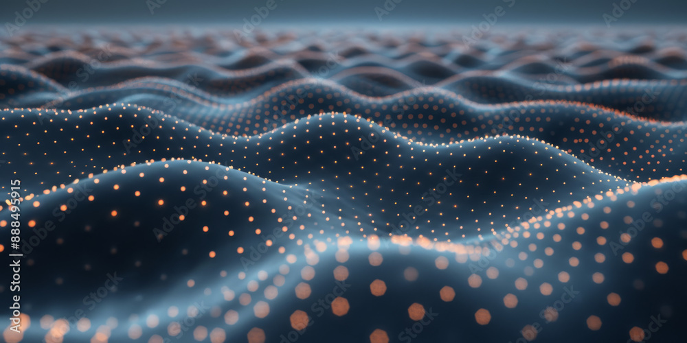 Abstract blue glowing particle waves on a dark blue background, illustrating futuristic technology. Abstract blue glowing particle waves on a dark blue background, illustrating futuristic technology.