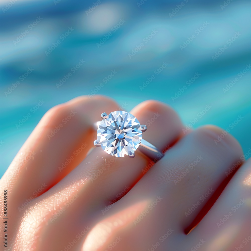 Close-Up of Diamond Engagement Ring on Womans Hand by the Ocean Close-Up of Diamond Engagement Ring on Womans Hand by the Ocean