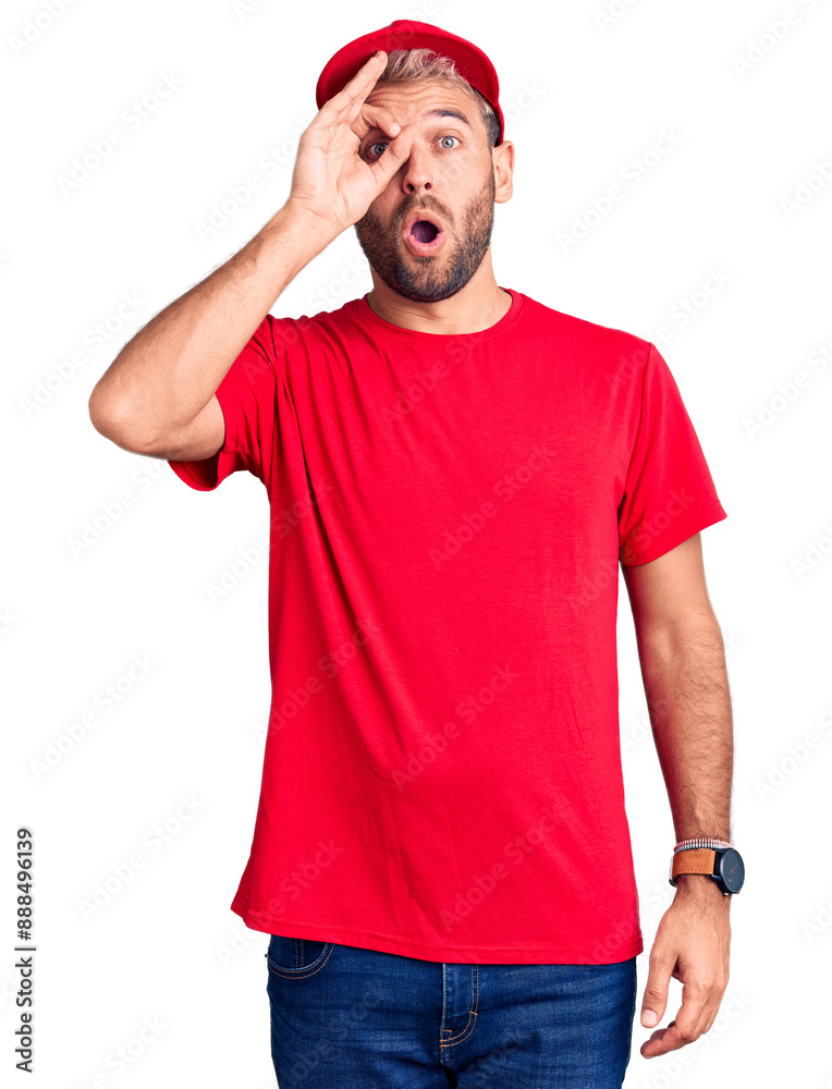 Young handsome blond man wearing t-shirt and cap doing ok gesture shocked with surprised face, eye looking through fingers. unbelieving expression. Young handsome blond man wearing t-shirt and cap doing ok gesture shocked with surprised face, eye looking through fingers. unbelieving expression.