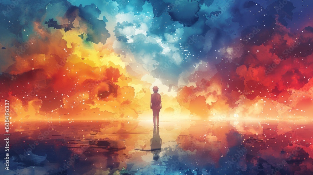 lone figure stands amidst a vibrant sky filled with swirling clouds and sparkling stars, watching the sunset paint the heavens with fiery hues. lone figure stands amidst a vibrant sky filled with swirling clouds and sparkling stars, watching the sunset paint the heavens with fiery hues.