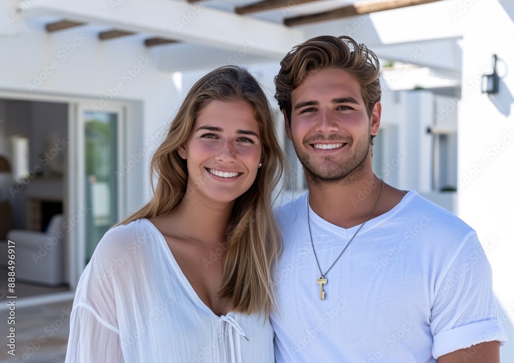 Fototapeta premium Smiling Young Couple in Casual White Attire Enjoying a Sunny Day Outside Modern Home