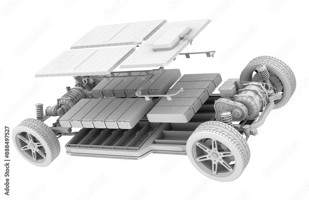 Naklejka premium Exploded view of electric vehicle chassis equipped with battery pack on white background. Clay rendering style. 3D rendering image.