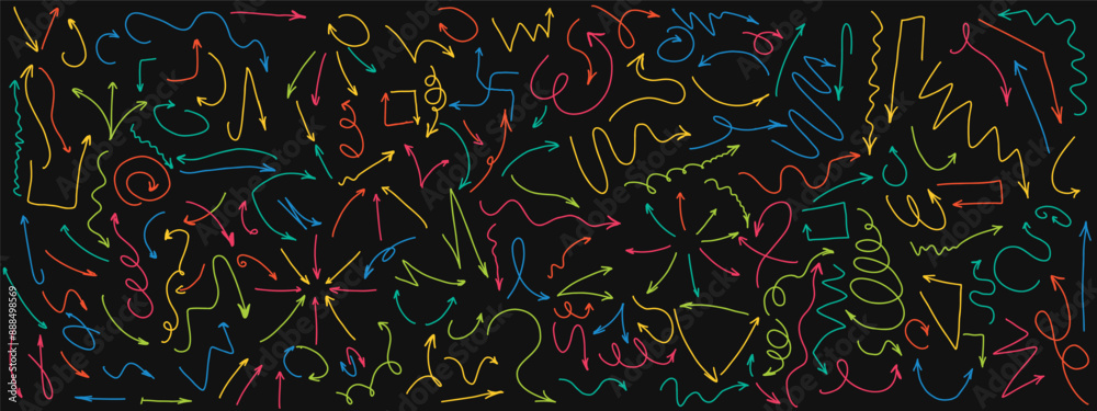 custom made wallpaper toronto digitalNavigation arrows doodle 2d line strokes vector icons on black background. Curved direction pointers multicolor neon illustration set