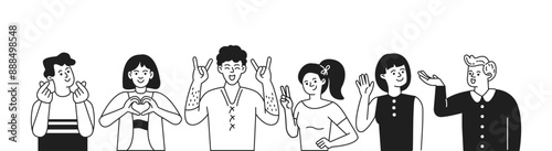 Positive adults showing gestures doodle line cartoon illustration set. Love and happiness expression linear vector people collection