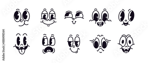 Expressive vintage cartoon character faces thin line vector icons set on white background. Facial emotions retro graphic constructor elements