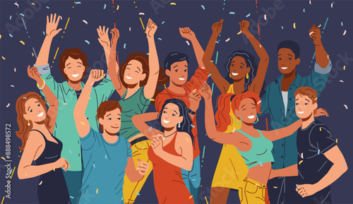 Young diverse clubbers dancing and enjoying party flat cartoon art. Multiethnic dancers having fun at festive event on dark background