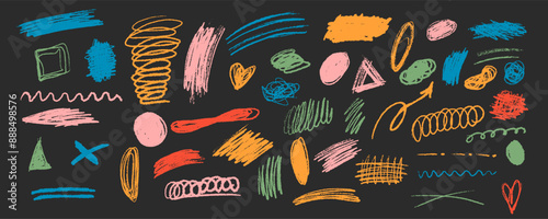 Irregular multicolored strike-through strokes art patterns on black background. Hand-drawn in linear minimalist style suitable for creative projects