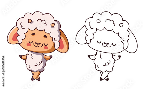Kawaii baby sheep dancing cartoon character of coloring page. Cute lamb performing dance moves color and linear illustration. Children book