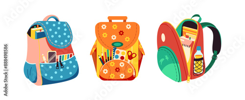 Flat design student backpacks set on white background. Line vector elements depicting young student backpacks equipped with various stationery supplies