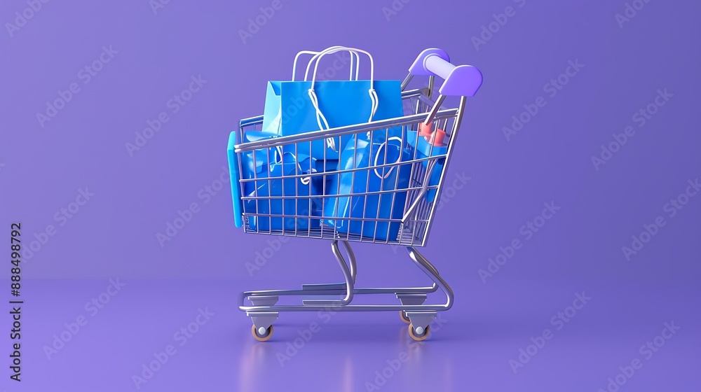 3D render of a shopping cart with blue products on purple background, perfect for online store banners and social media posts. 3D render of a shopping cart with blue products on purple background, perfect for online store banners and social media posts.