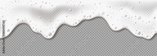 Washing product foam flow realistic vector illustration. Hygienic procedures. Fluffy soap froth pouring 3d object on transparent background