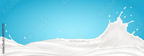 Pouring milk flow with splatters realistic vector illustration. Healthy dairy drink. Natural cosmetic product 3d object on blue background