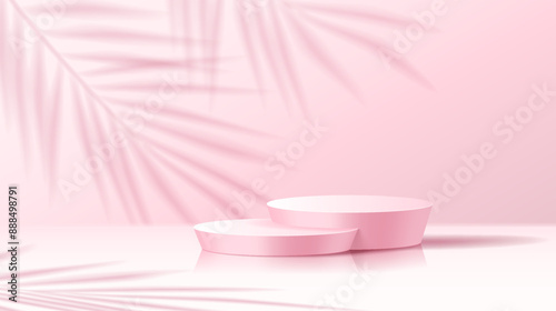 Advertising podium and palm shadow realistic vector illustration. Empty products demonstration stand 3d object on pink background