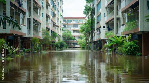 Crisis in Apartment Complex - Waterlogged Corridors and Building Damage Due to Water Catastrophe © LOMOSONIC