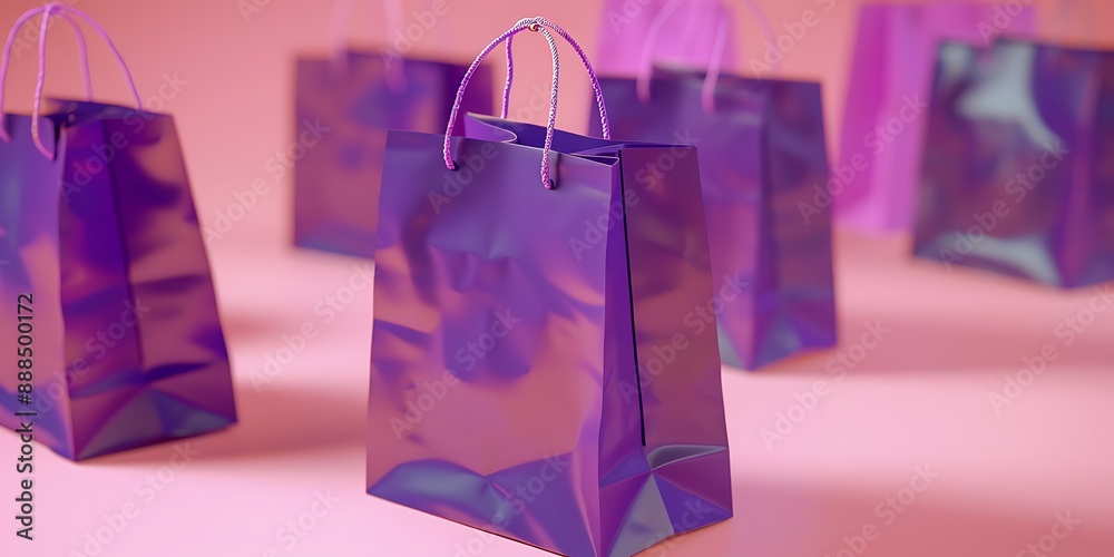 Detailed image of purple shopping bags on pink backdrop, photorealistic, high-resolution, Sony Alpha A7 III, sharp focus. Detailed image of purple shopping bags on pink backdrop, photorealistic, high-resolution, Sony Alpha A7 III, sharp focus.