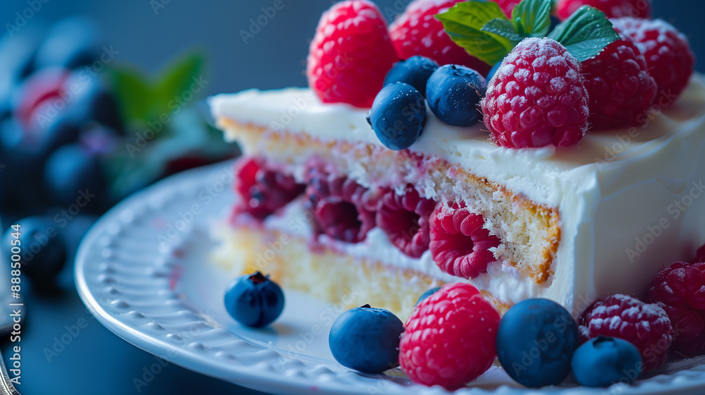 Close-up of a cake slice with raspberries and blueberries Close-up of a cake slice with raspberries and blueberries