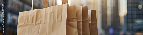 Detailed shot of brown paper bag in city, high detail, sharp focus, luxury brand packaging, high-resolution. photo