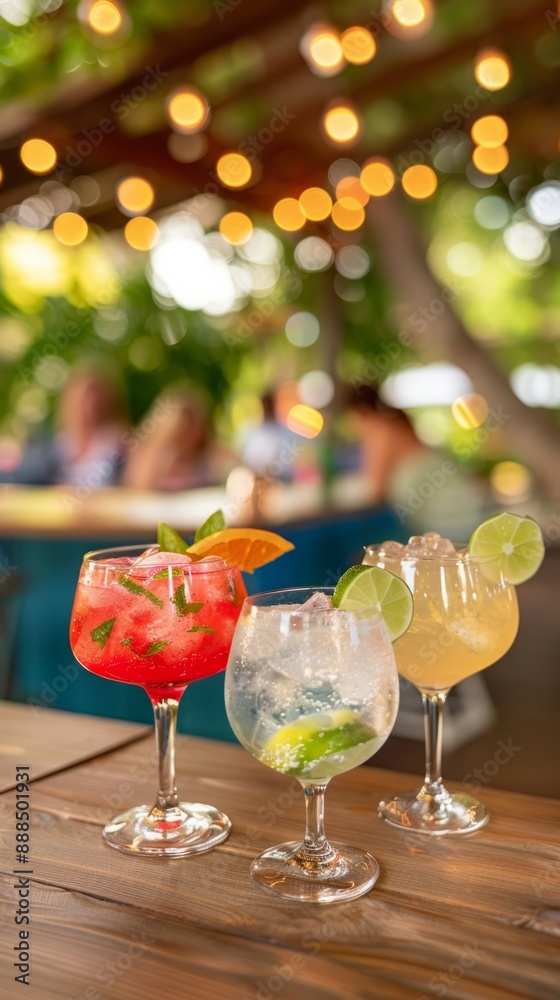 Glasses of refreshing drinks on a wooden bar at an outdoor summer celebration. Glasses of refreshing drinks on a wooden bar at an outdoor summer celebration.