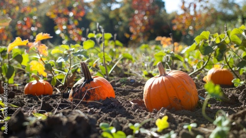 pumpkin seeds in a garden surrounded by trees with autumn colored leaves generative ai