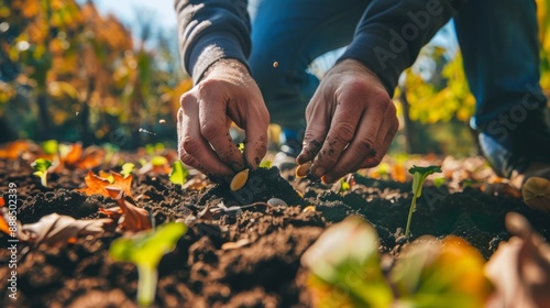 pumpkin seeds in a garden surrounded by trees with autumn colored leaves generative ai