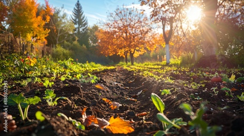 pumpkin seeds in a garden surrounded by trees with autumn colored leaves generative ai