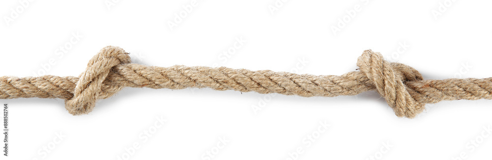 Hemp rope with knots isolated on white, top view Hemp rope with knots isolated on white, top view