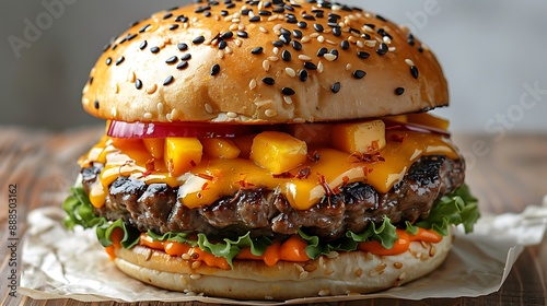 Bangkok mango sticky rice burger cut out on an isolated simple minimalist background photo