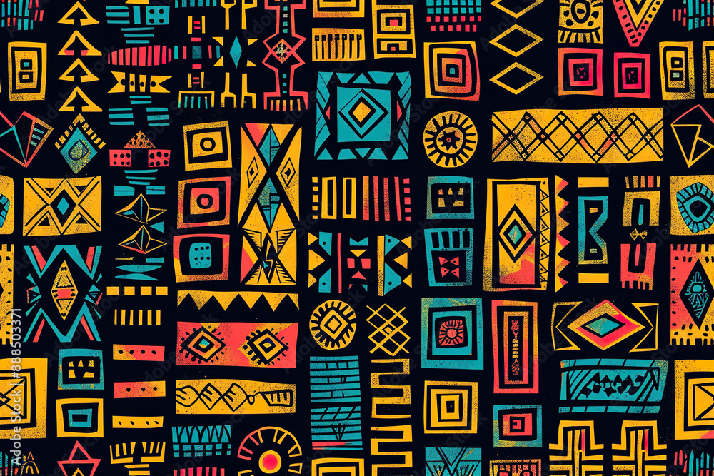 A colorful patterned background with a variety of shapes and colors, generative ai image.