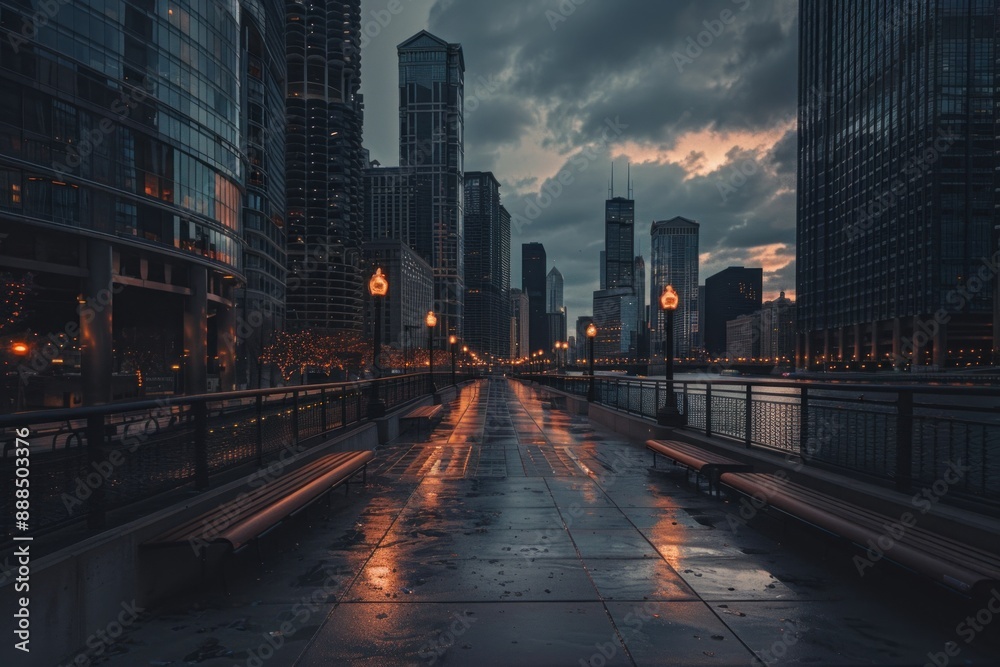 Chicago Cityscape with Wet Pavement and Street Lights Chicago Cityscape with Wet Pavement and Street Lights