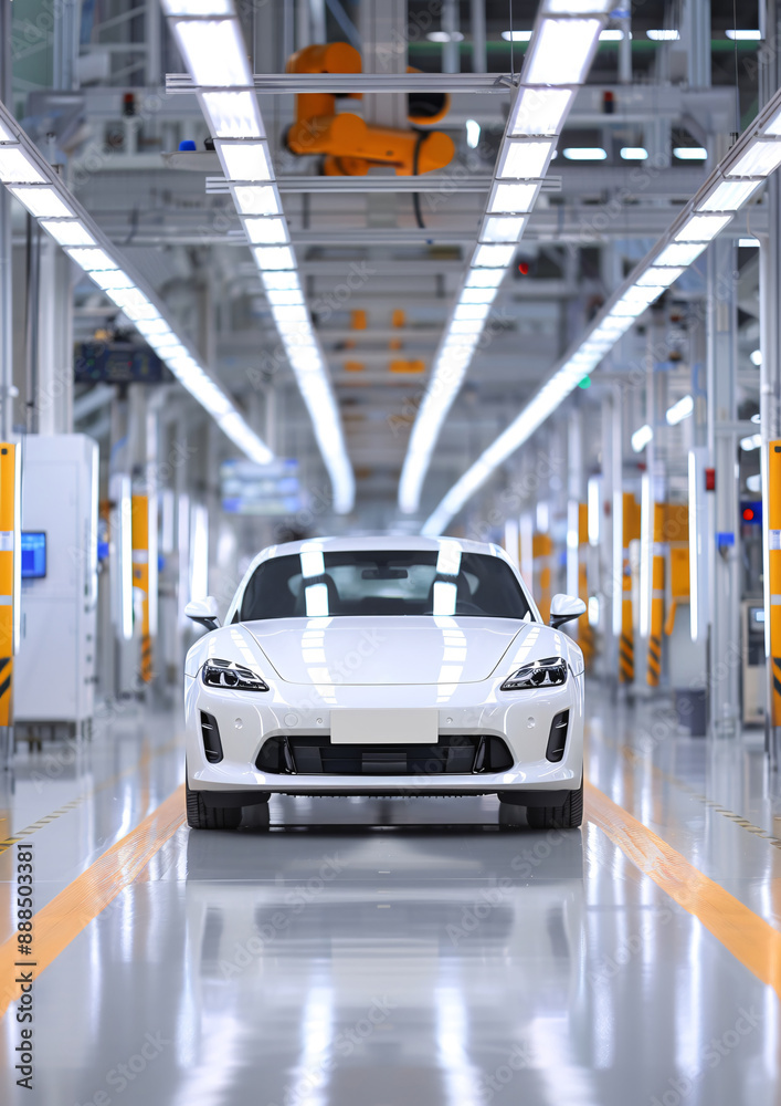 Sleek White Sports Car in a High-Tech Modern Automotive Manufacturing Facility Sleek White Sports Car in a High-Tech Modern Automotive Manufacturing Facility