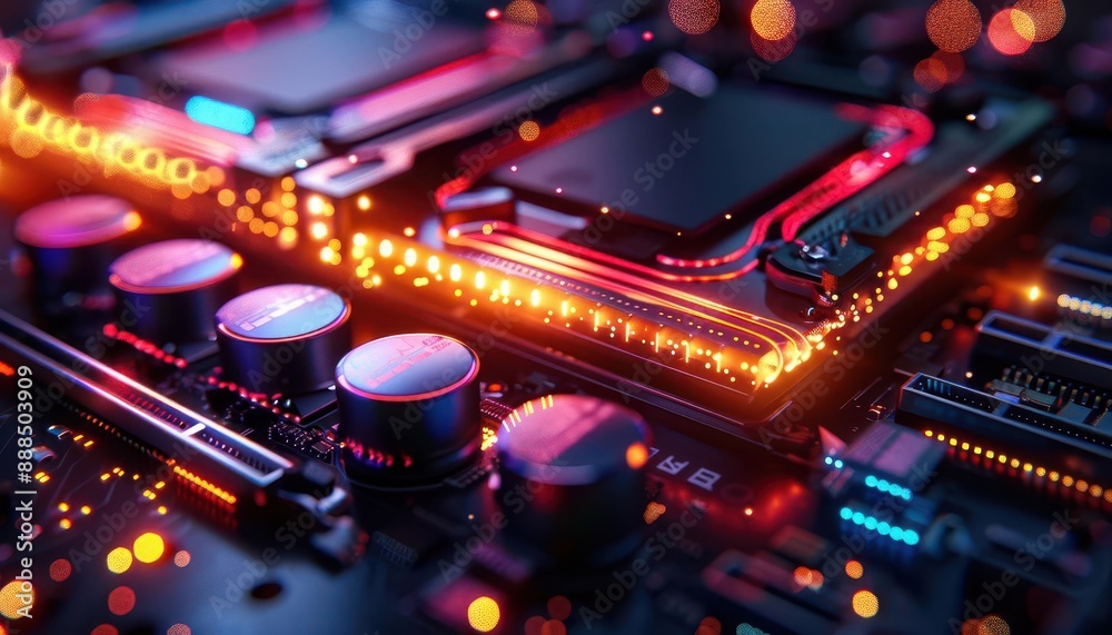 Intricate circuitry of a server responsible for cloud storage, closeup on the data processing power Intricate circuitry of a server responsible for cloud storage, closeup on the data processing power