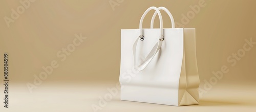 Elegant white shopping bag template on beige background, luxury design, 3D rendered.