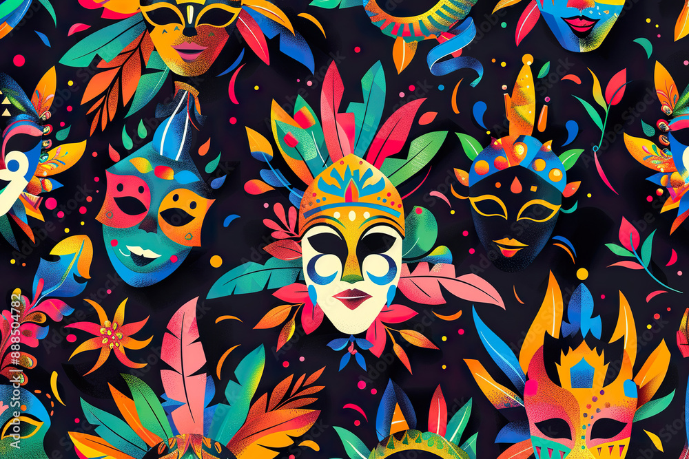 A colorful pattern of masks and feathers with a tropical theme, generative ai image. A colorful pattern of masks and feathers with a tropical theme, generative ai image.