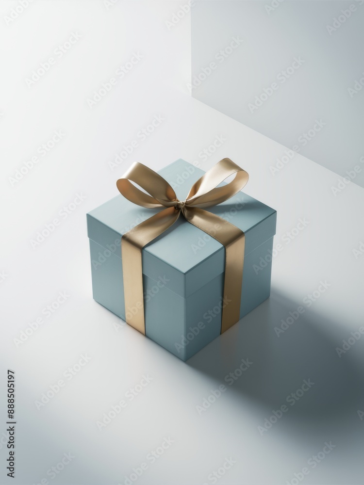 Obraz premium Elegant Light Blue Gift Box with Golden Satin Ribbon in Minimalist Setting.