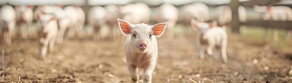 Adorable piglet standing on a farm with other piglets in the background, capturing a sunny day in the countryside. Adorable piglet standing on a farm with other piglets in the background, capturing a sunny day in the countryside.