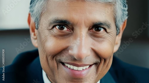 A senior exeive with grey hair smiling at the camera while seated at a desk full of paperwork. photo