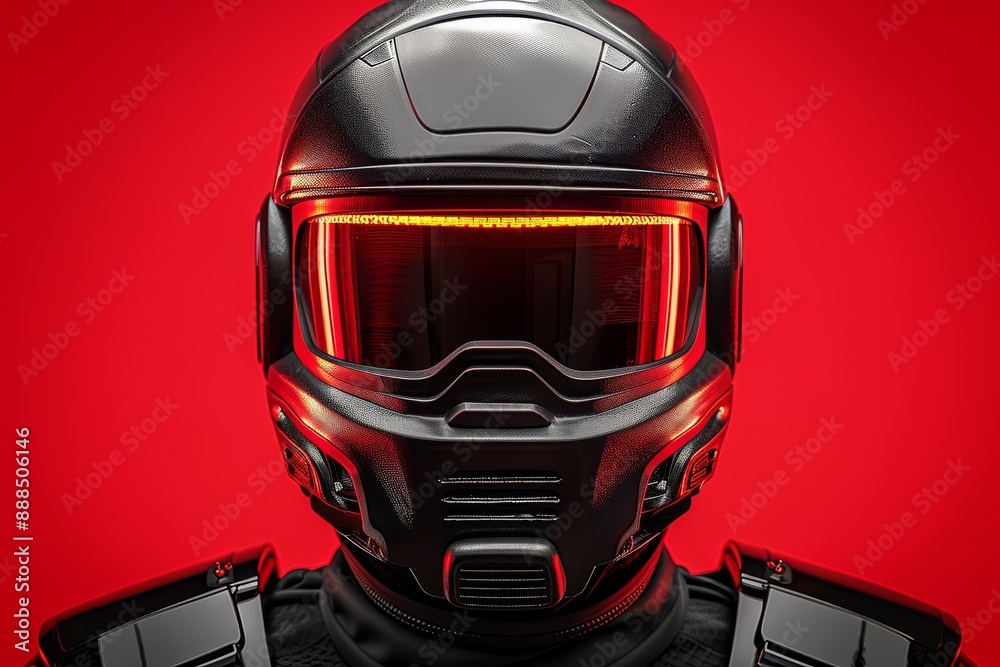 Fototapeta premium Stylish woman in futuristic black helmet with red visor creating a bold and hightech visual