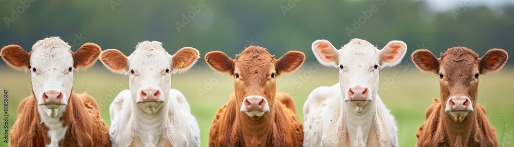 A group of five young cows standing in a grassy field, looking directly at the camera with curious expressions. A group of five young cows standing in a grassy field, looking directly at the camera with curious expressions.