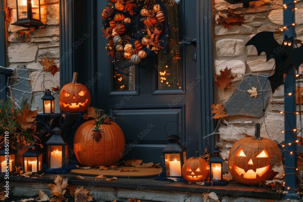 Obraz premium Halloween decoration on porch with pumpkins, candles, and lanterns in autumn evening, festive house decor and spooky ambiance concept
